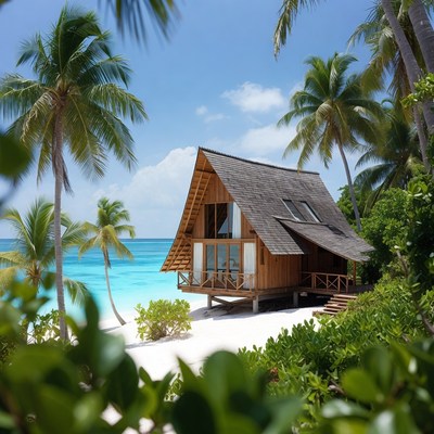 Wooden Beach House with Palm Trees