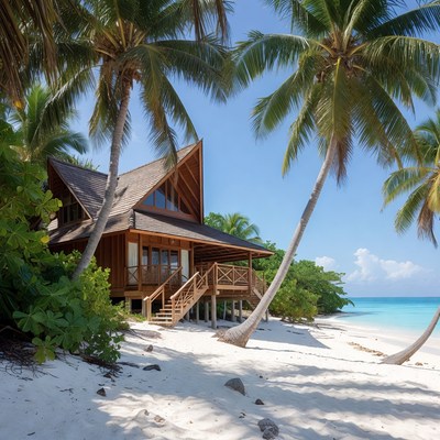 Tropical Beach House with Palm Trees