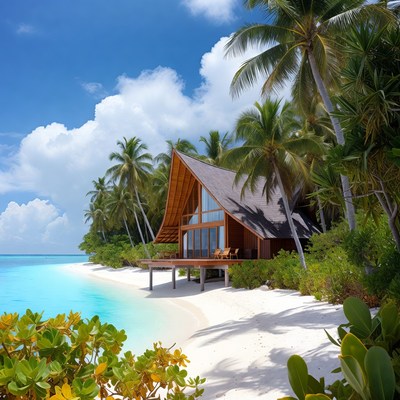 Wooden Beach Villa with Palm Trees