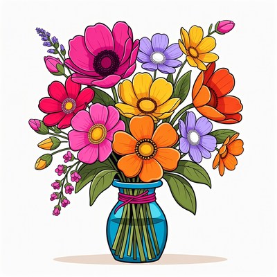 Colorful Flowers in Blue Vase