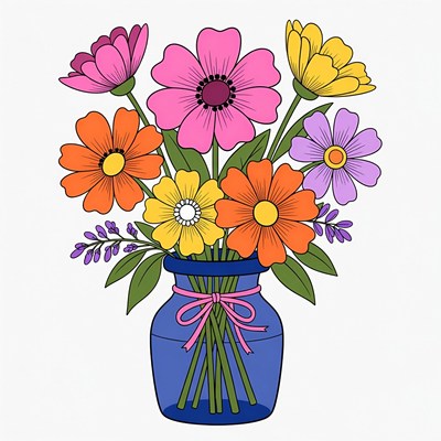 Colorful Flowers in Blue Vase