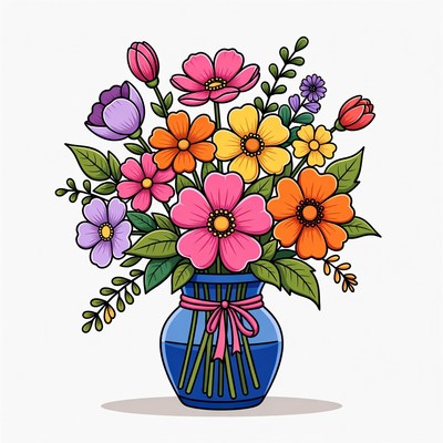 Colorful Flowers in Blue Vase
