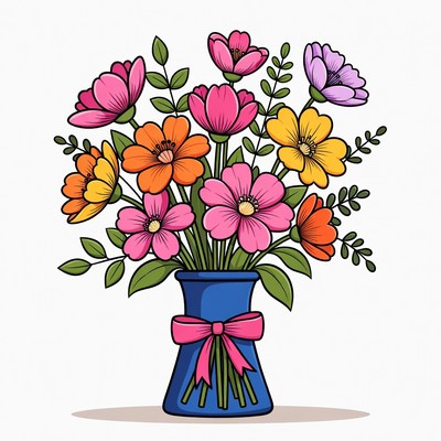 Colorful Flowers in Blue Vase