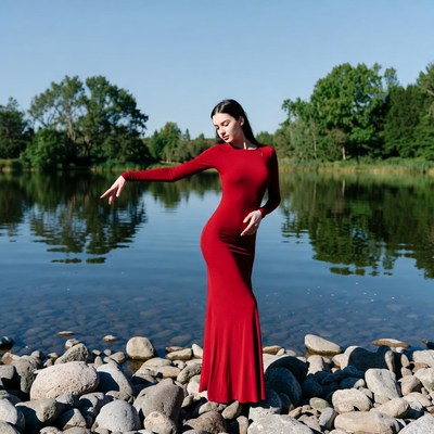 Woman dancing in red dress by lake
