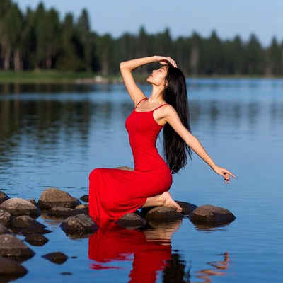 Asian woman in red dress by lake