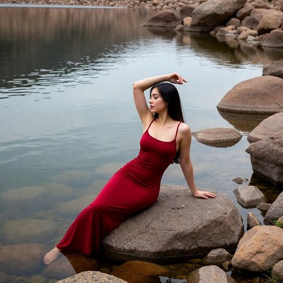 Asian woman in red dress by lake