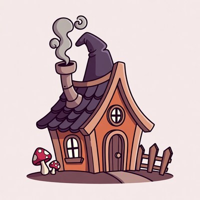Cartoon Witch House with Mushrooms