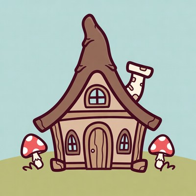 Cartoon Mushroom House with Red Mushrooms