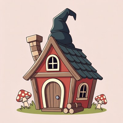 Cartoon Witch House with Mushrooms