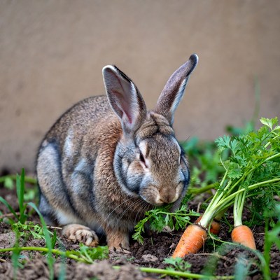 Rabbit eating carrots in grass
