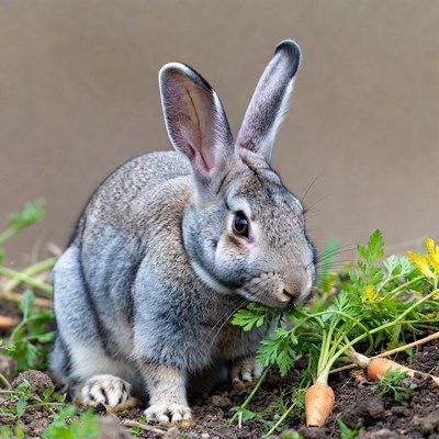 Gray bunny eating carrot