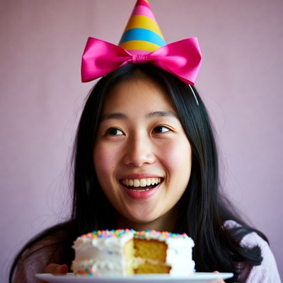 Asian girl with birthday cake and hat