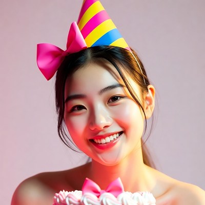 Asian girl with birthday hat and cake