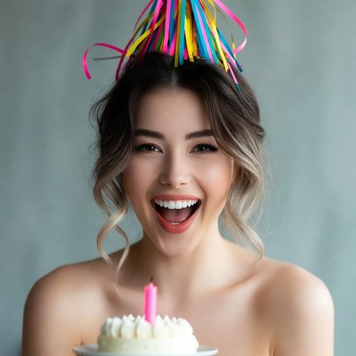 Asian woman with birthday hat and cake