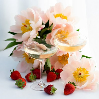 Pink Peonies with Champagne Glasses and Strawberries