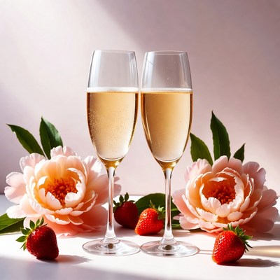 Two Champagne Glasses with Peonies Strawberries