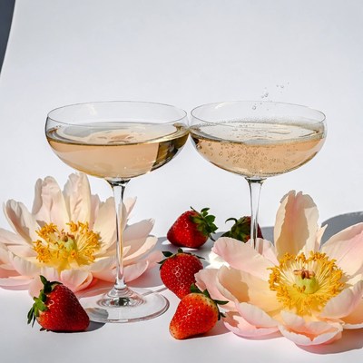 Two Champagne Glasses with Strawberries and Peonies