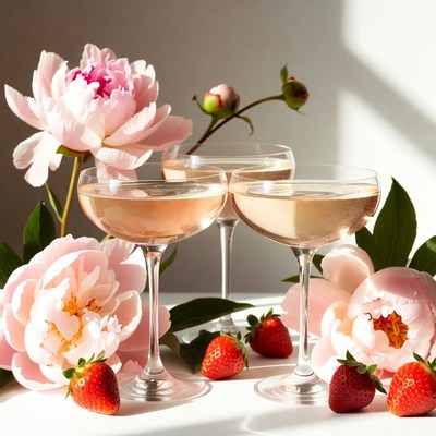 Three Champagne Glasses with Peonies Strawberries