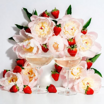 Two Champagne Glasses with Peonies Strawberries