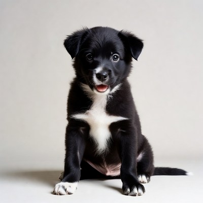 Black puppy sitting with tongue out