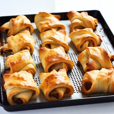 Fresh baked chocolate croissants on tray