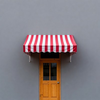 Red Striped Awning Over Wooden Door