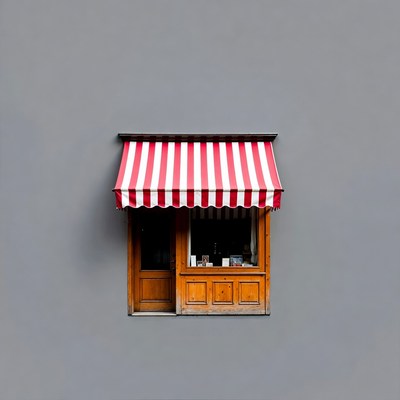 Red Striped Awning on Wooden Shop Window