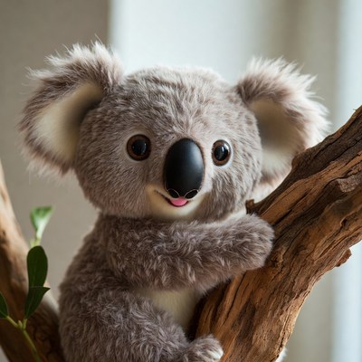 Cute plush koala on tree branch