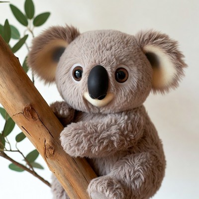 Plush Koala Clinging to Tree Branch
