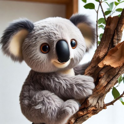 Plush Koala Clinging to Tree Branch