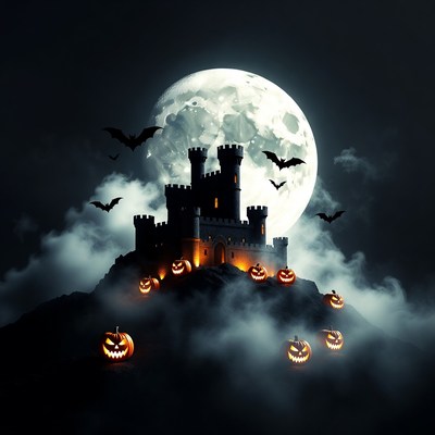 Haunted Castle with Pumpkins and Bats