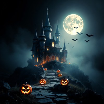 Spooky Haunted Castle with Pumpkins