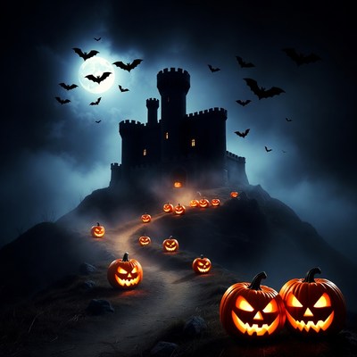 Spooky Haunted Castle with Jack-o-Lantern Path