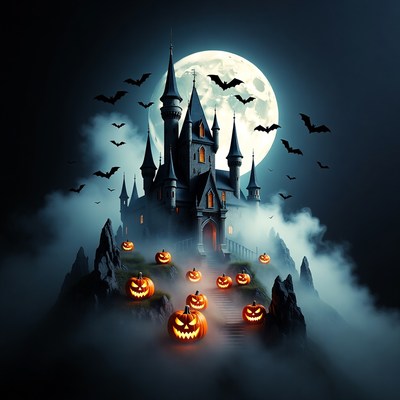 Spooky Haunted Castle with Pumpkins