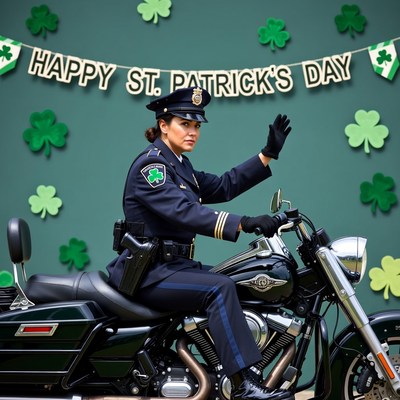 Female police officer on motorcycle St. Patrick's Day