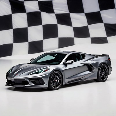 Silver Chevrolet Corvette C8 with Checkered Flag