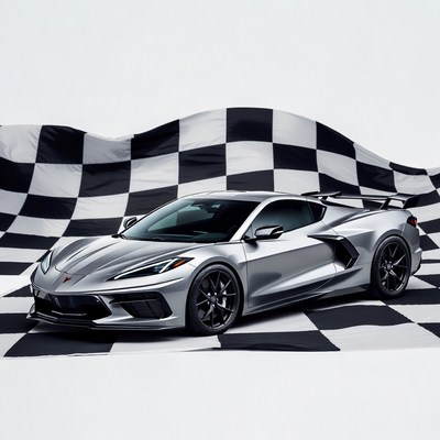 Silver Chevrolet Corvette on checkered flag