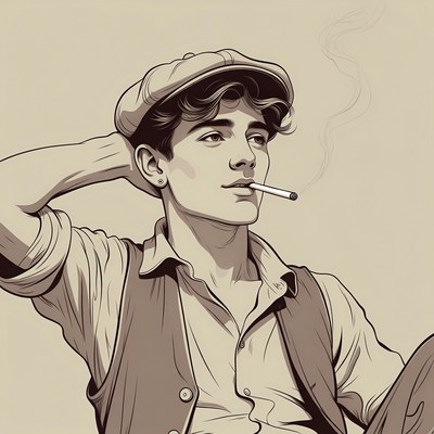 Young man smoking cigarette in flat cap