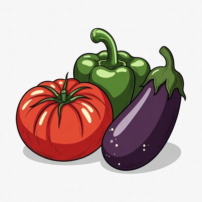 Tomato, Green Pepper, Eggplant Illustration