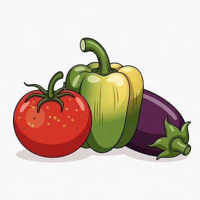 Tomato, Green Pepper, Eggplant Illustration