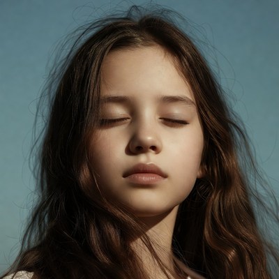 Girl with closed eyes and wavy brown hair