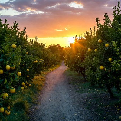 Sunset Path Through Orange Grove