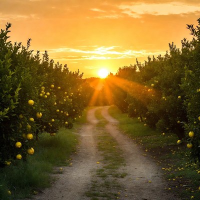 Dirt path through orange orchard at sunset