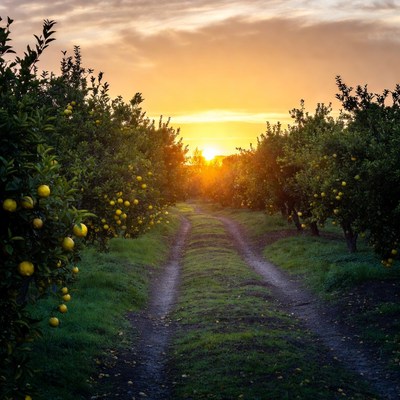 Dirt path through orange orchard at sunset