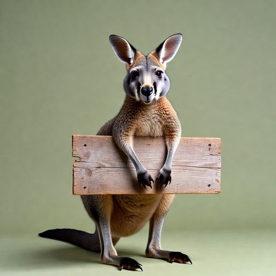 Kangaroo holding wooden sign