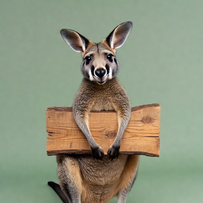 Wallaby holding wooden sign