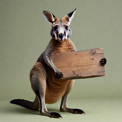 Kangaroo holding blank wooden sign