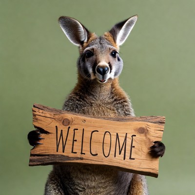 Wallaby holding welcome sign