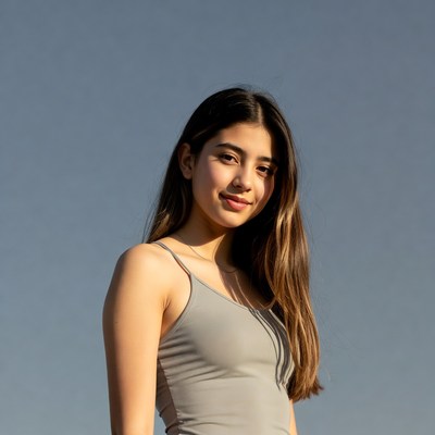 Smiling young woman in gray tank top