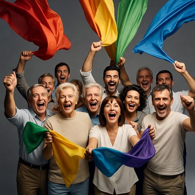 Diverse group waving pride flags